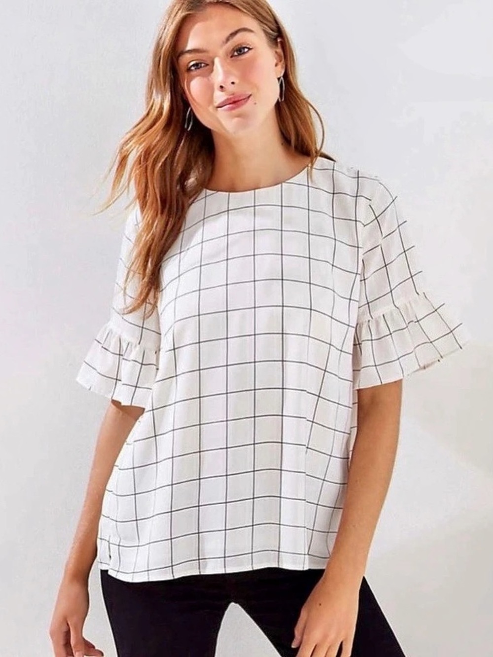 LOFT Windowpane Ruffle Sleeve Blouse White & Black Medium